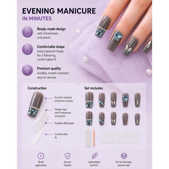 Luxury Grey‑Blue Heart Rhinestone Long Trapezoid Press‑On Nails, Elegant False Nails with Rhinestones & Pearls for Party